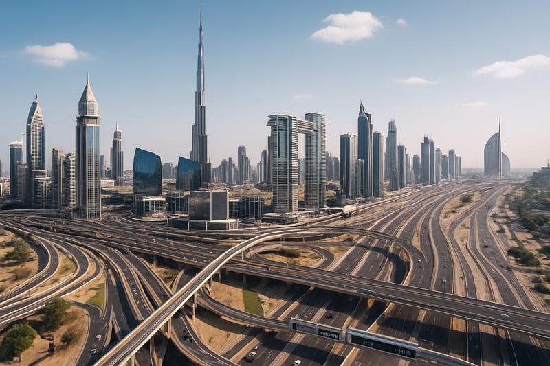 Dubai skyline with major highways and toll roads
